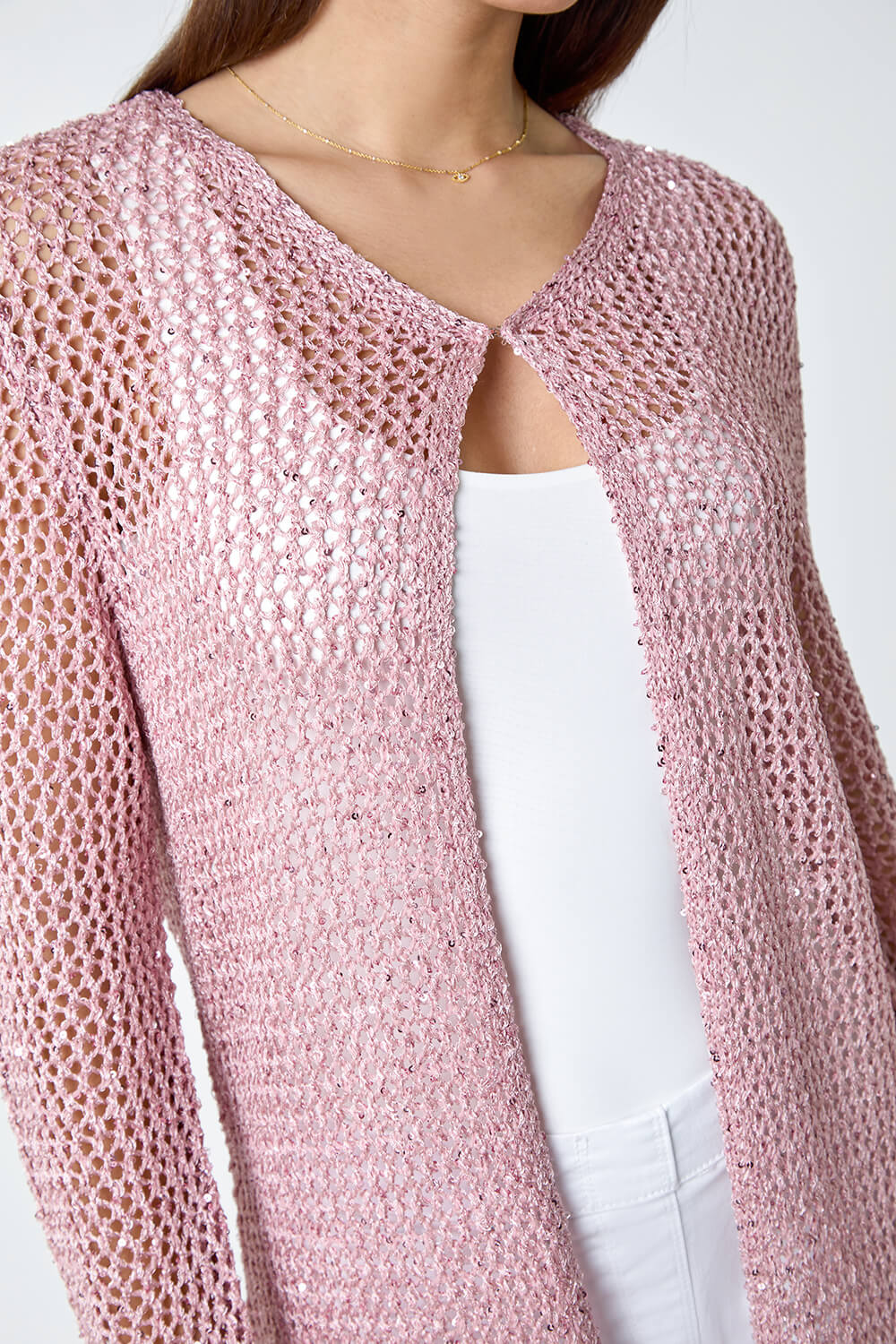Light Pink Sequin Knit Longline Cardigan, Image 5 of 5