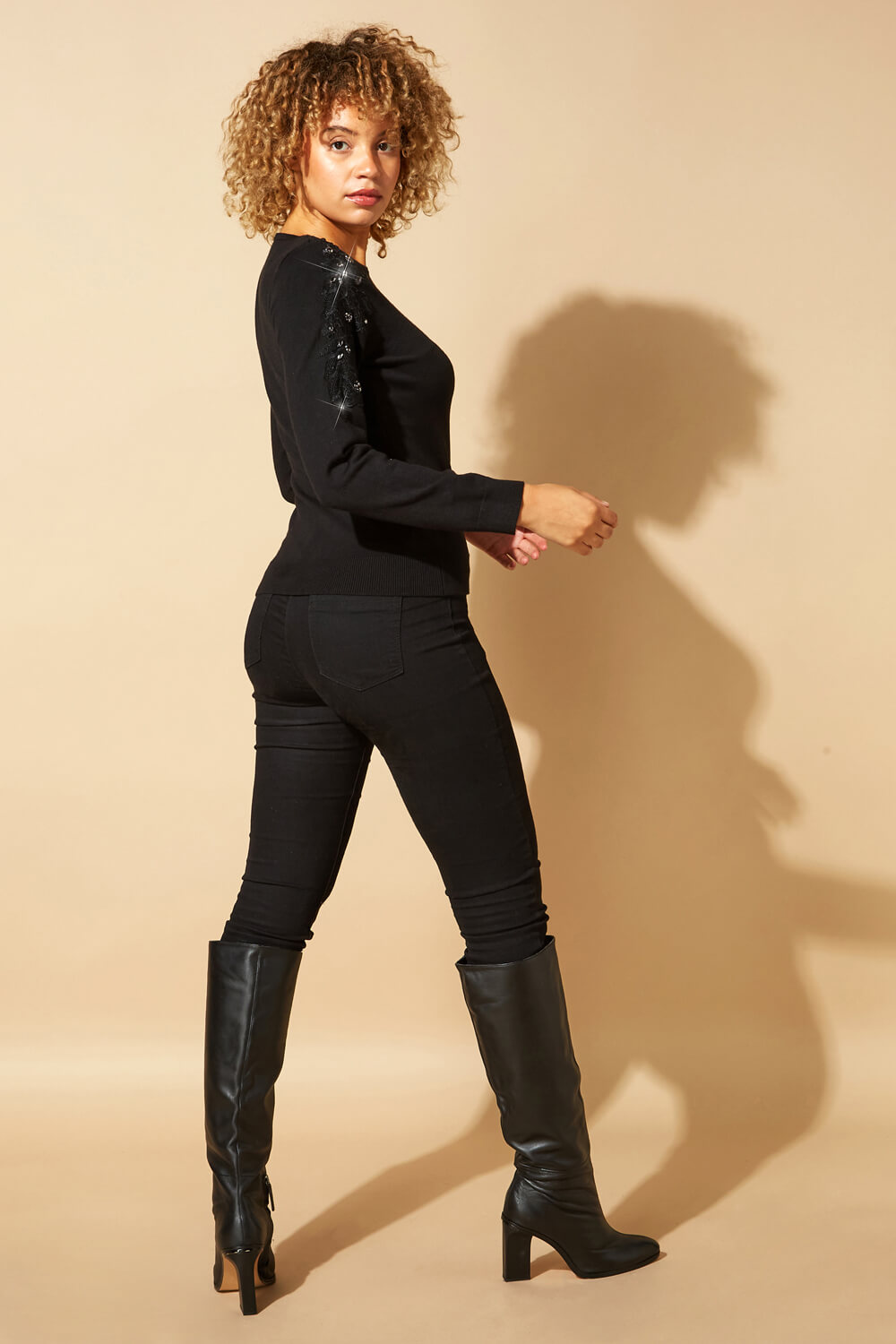 Black Lace Detail Sleeve Jumper, Image 4 of 4