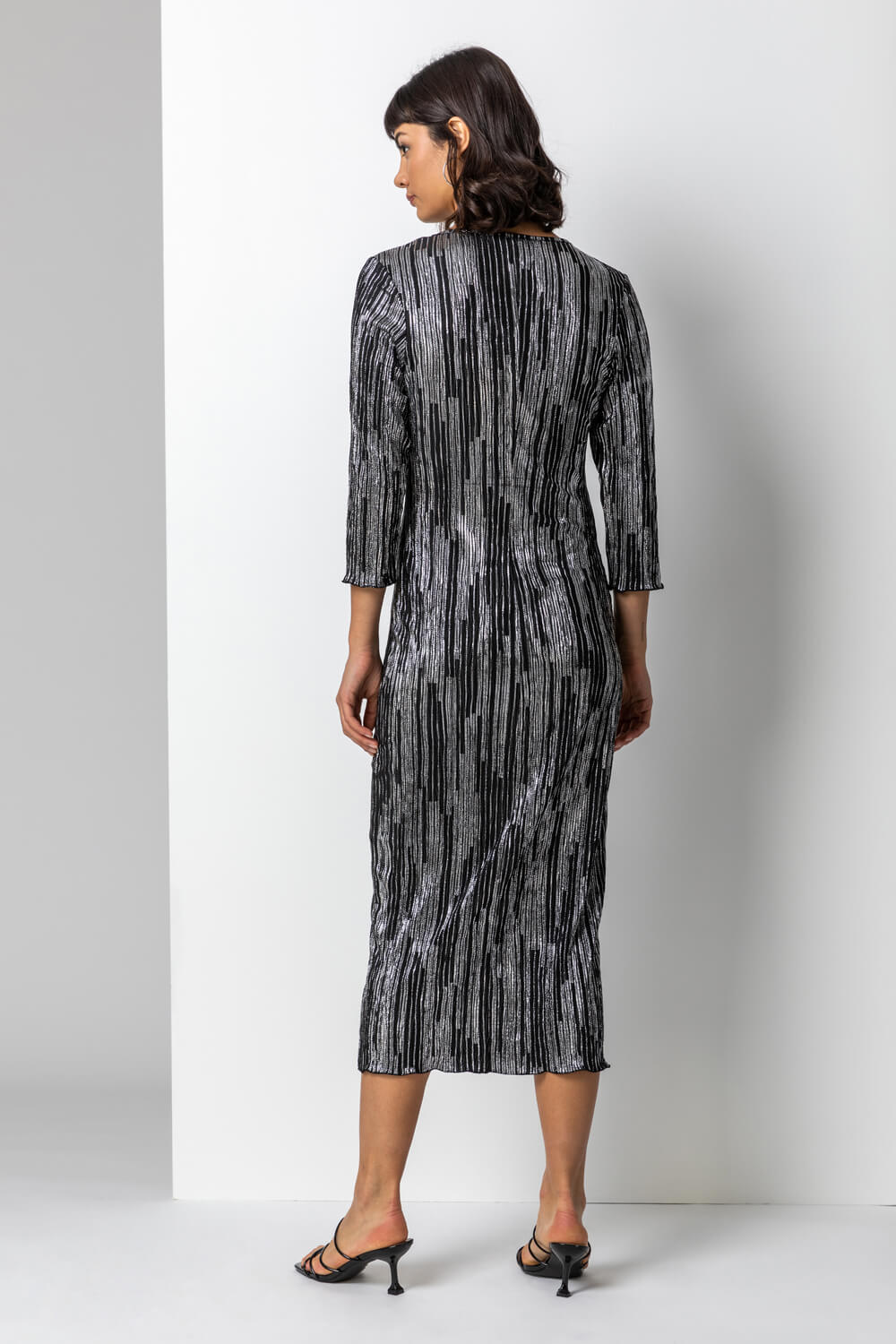 Silver Foil Stripe Print Plisse Midi Dress, Image 2 of 5
