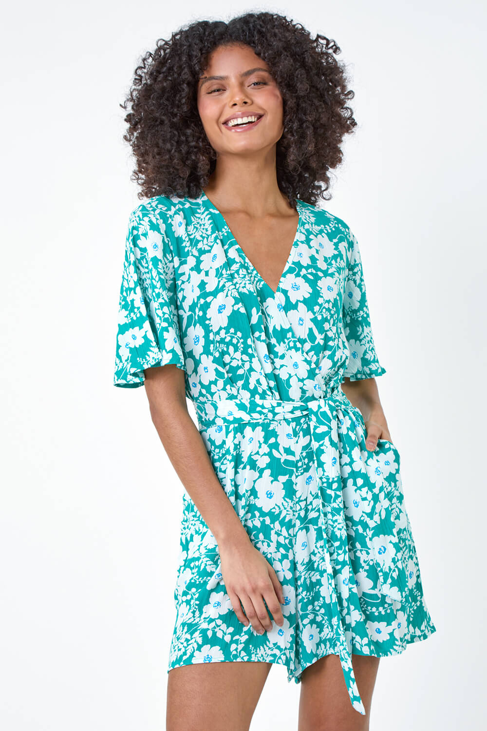Turquoise Floral Print Belted Wrap Playsuit, Image 4 of 5