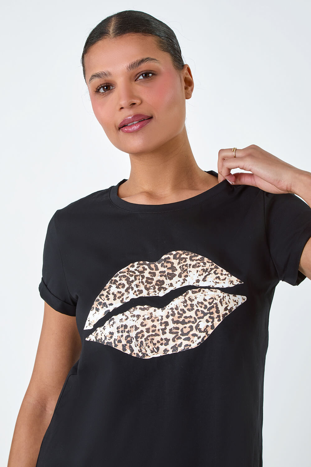 Black Animal Print Lips Stretch T-Shirt, Image 4 of 5