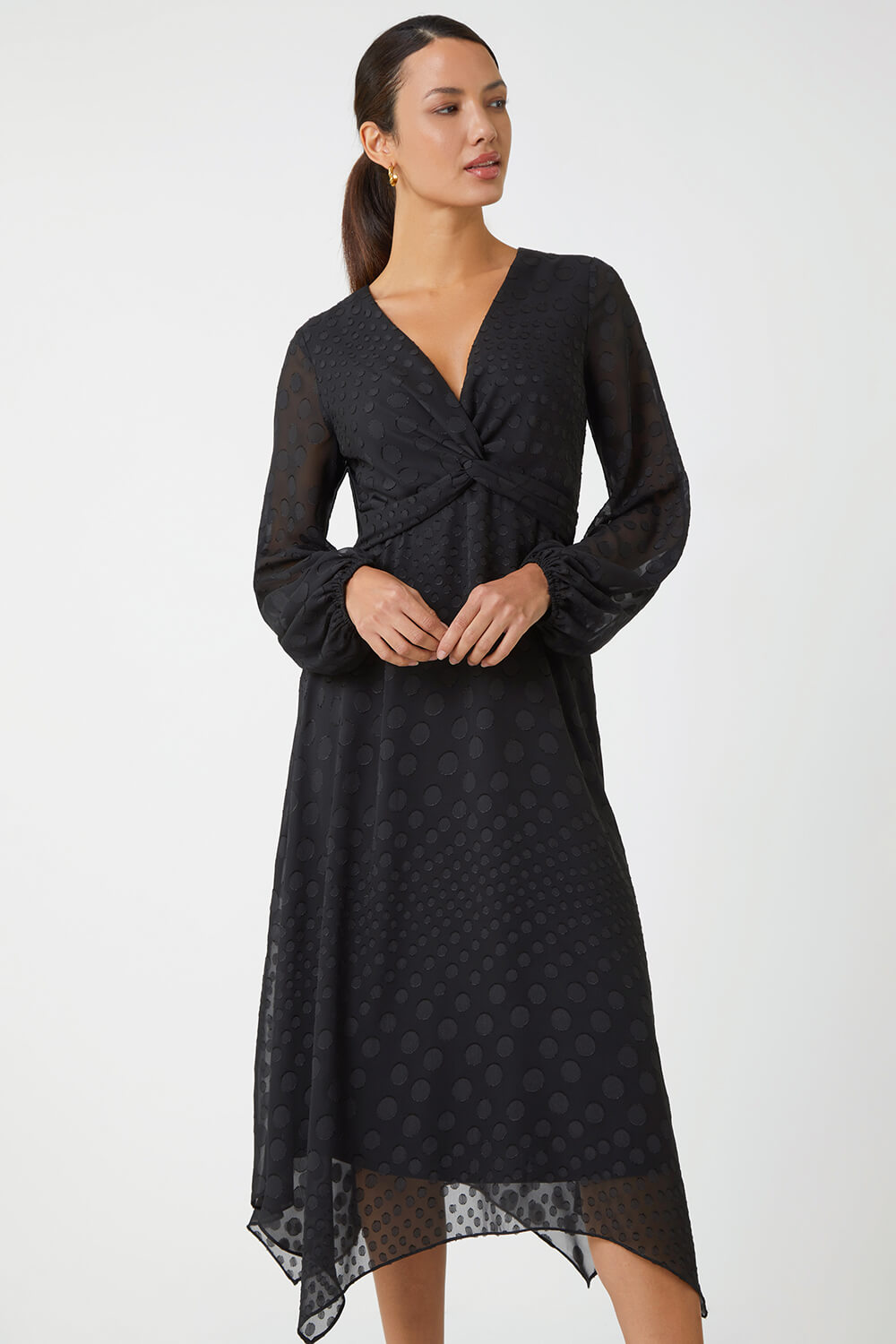 Black Polka Dot Twist Detail Chiffon Dress, Image 2 of 5
