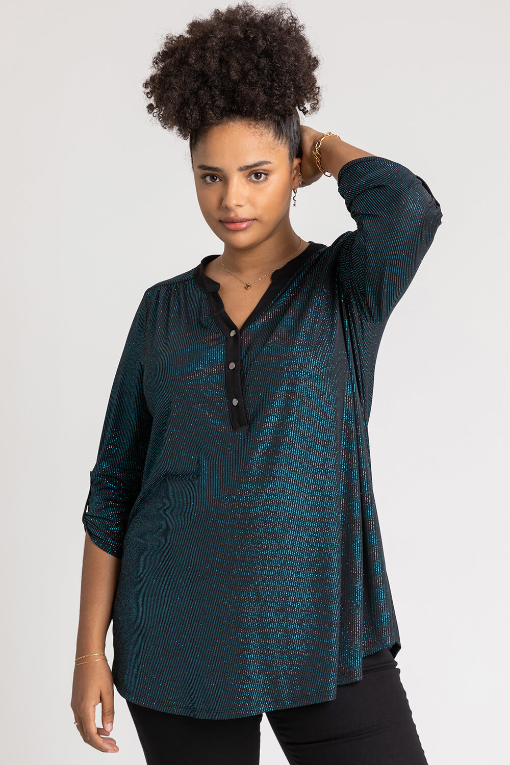 Teal Curve Glitter Stripe Button Detail Top, Image 5 of 5