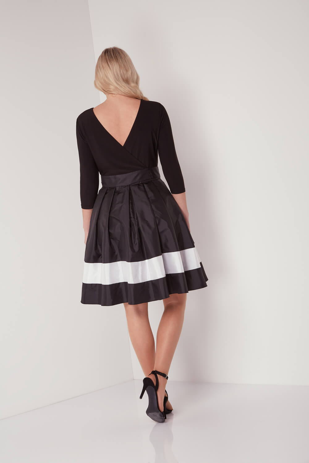 Black Contrast Fit and Flare Dress with Belt, Image 2 of 3