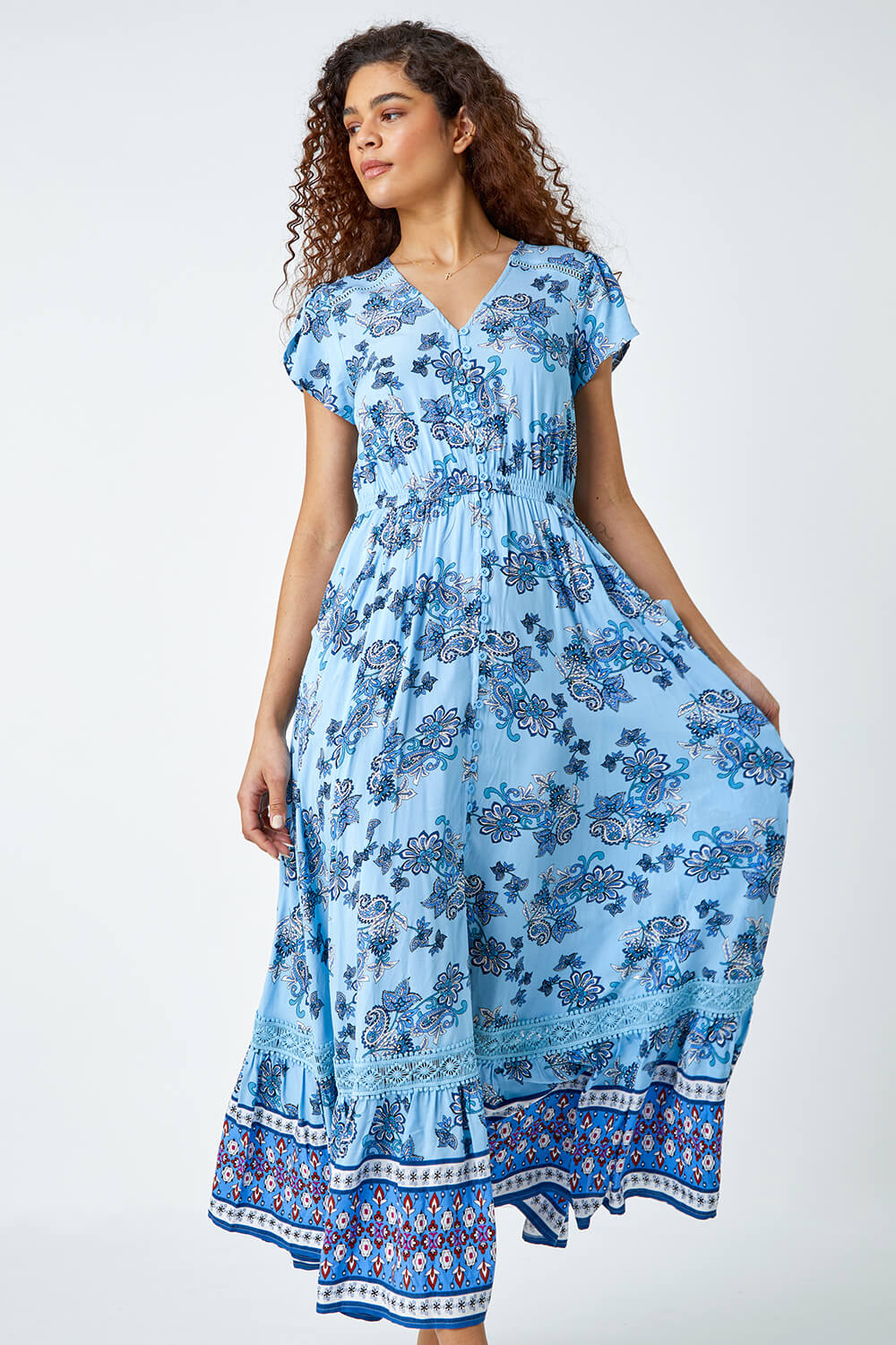 Light Blue  Floral Print Shirred Waist Maxi Dress, Image 4 of 5