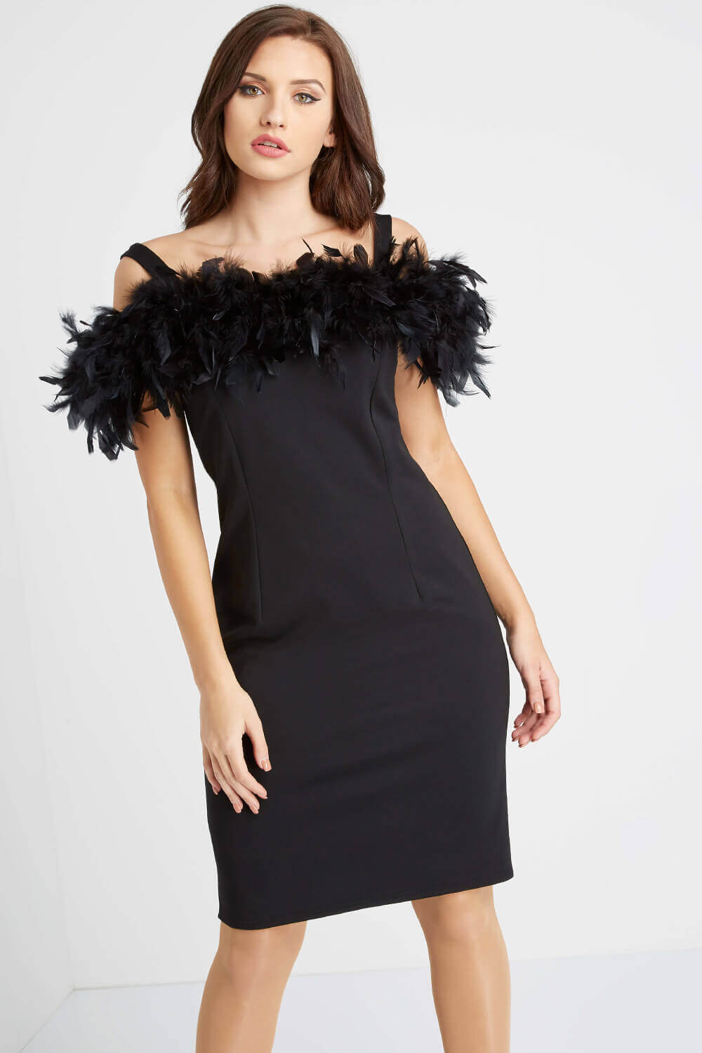 Feather Trim Bardot Dress In Black Roman Originals Uk