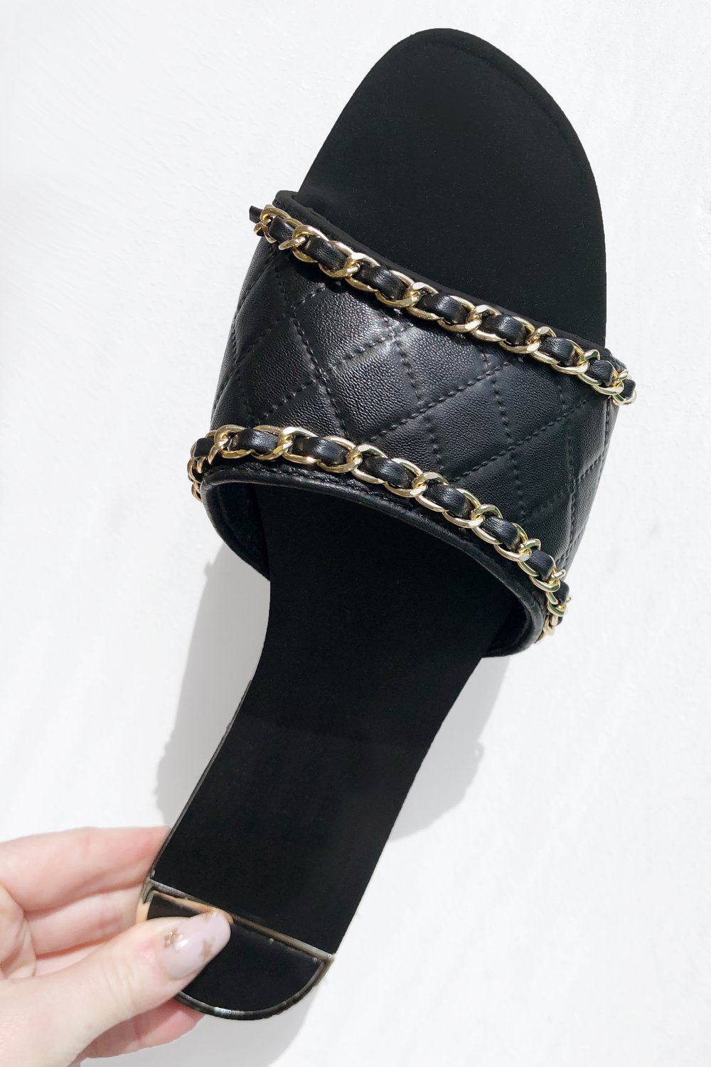 Black PU Quilted Gold Chain Slider, Image 4 of 5