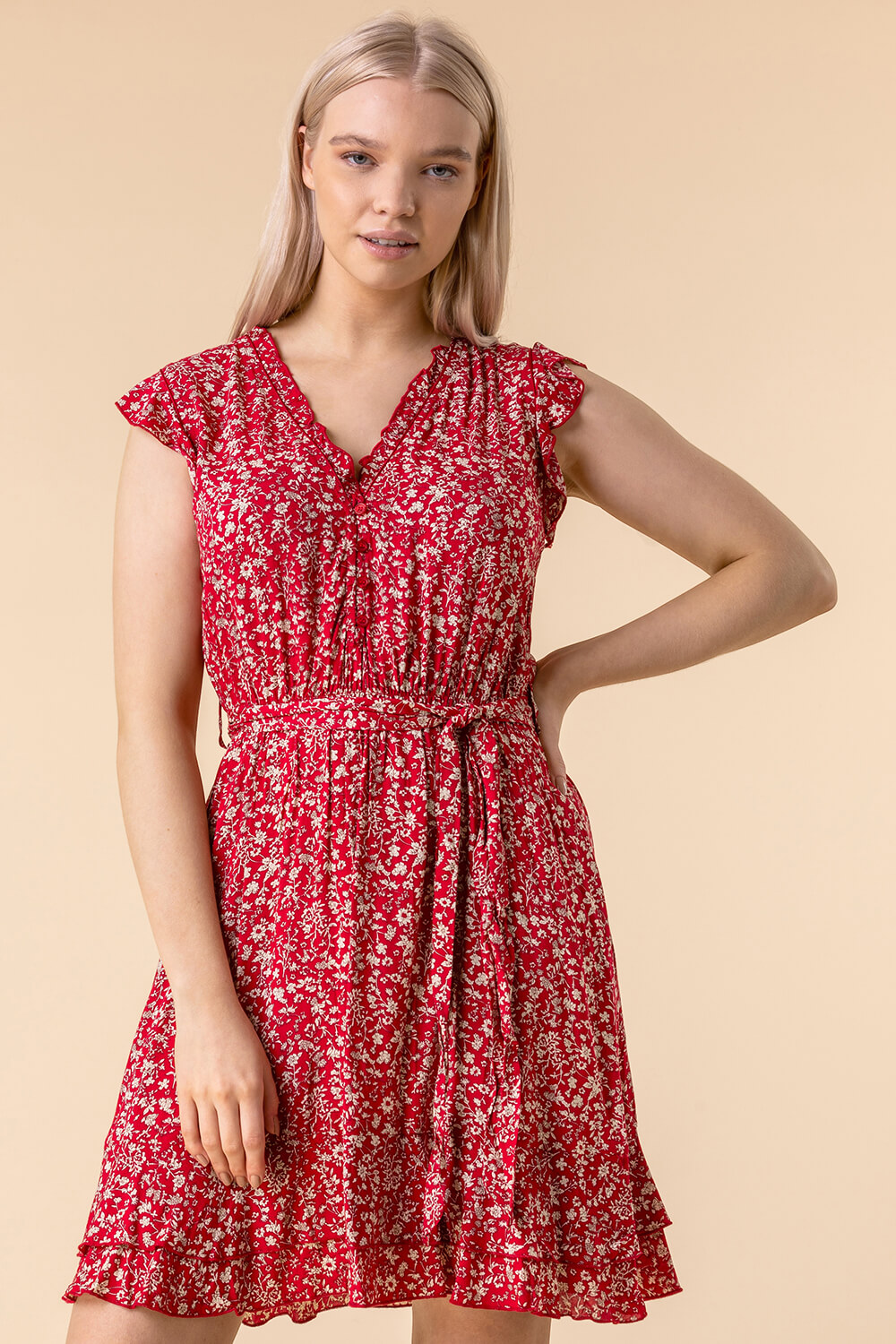 Red Floral Wrap Frill Dress, Image 3 of 5