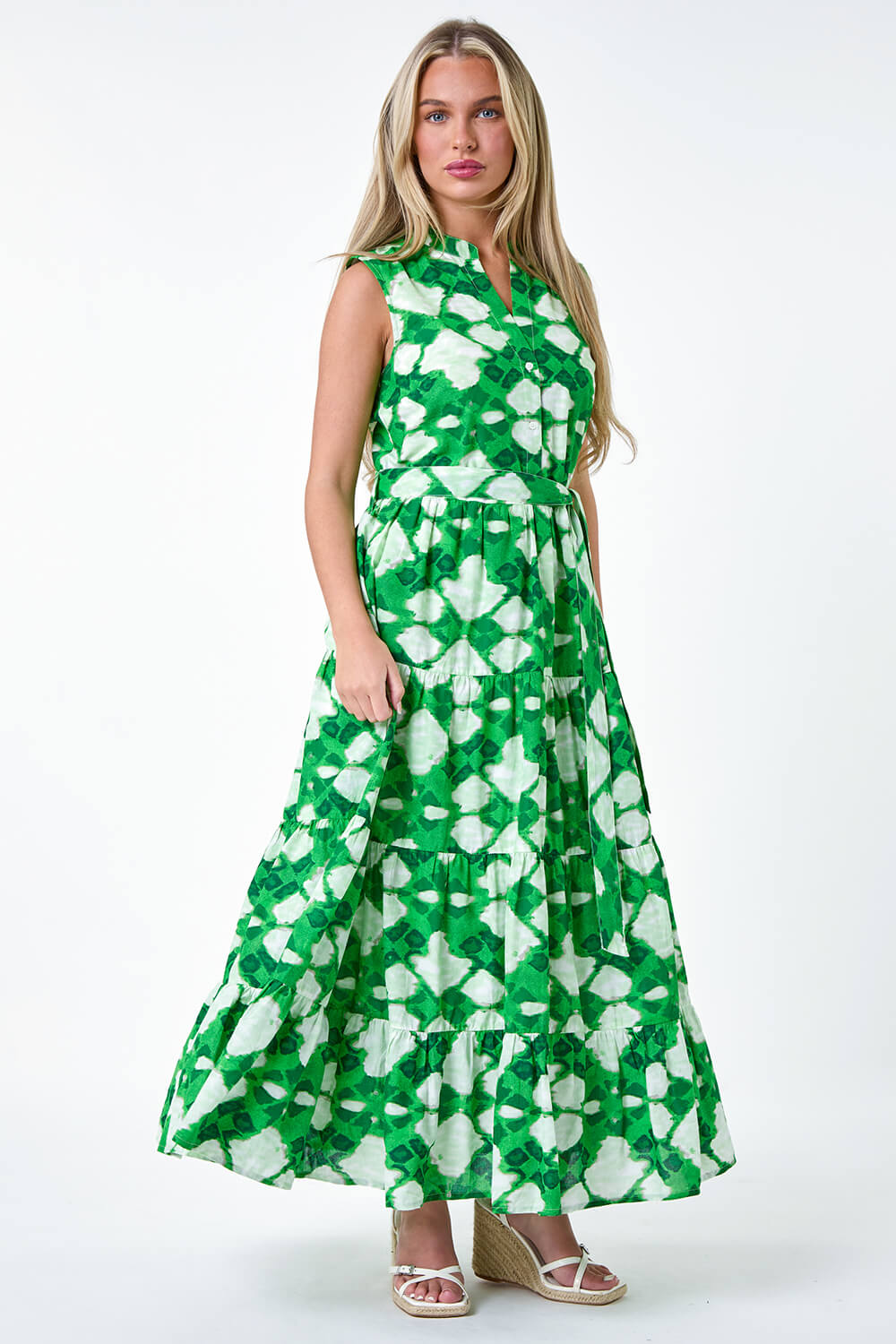 Green Petite Abstract Tiered Button Maxi Dress, Image 2 of 5