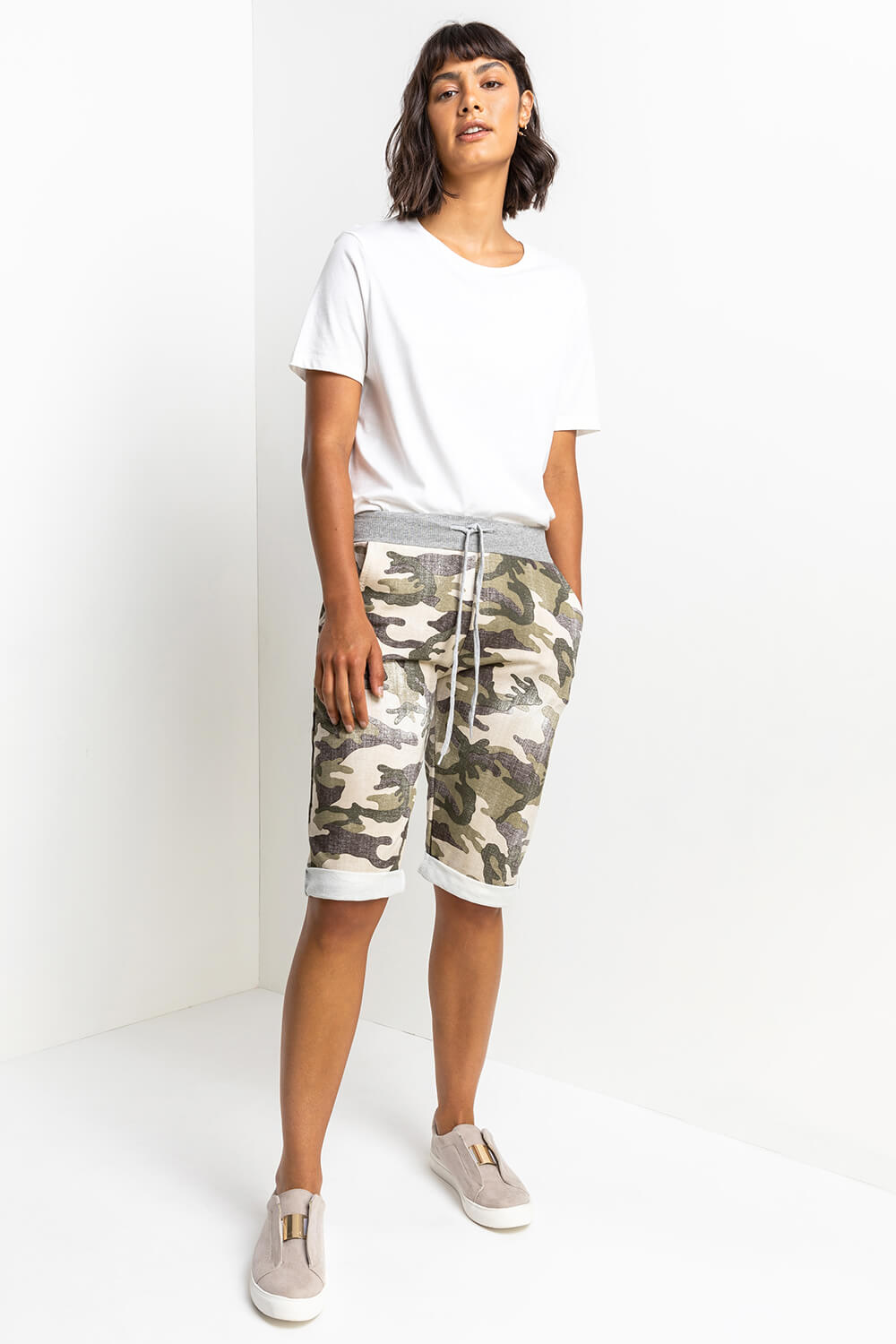 Pale Green Camo Print Jersey Shorts, Image 5 of 5