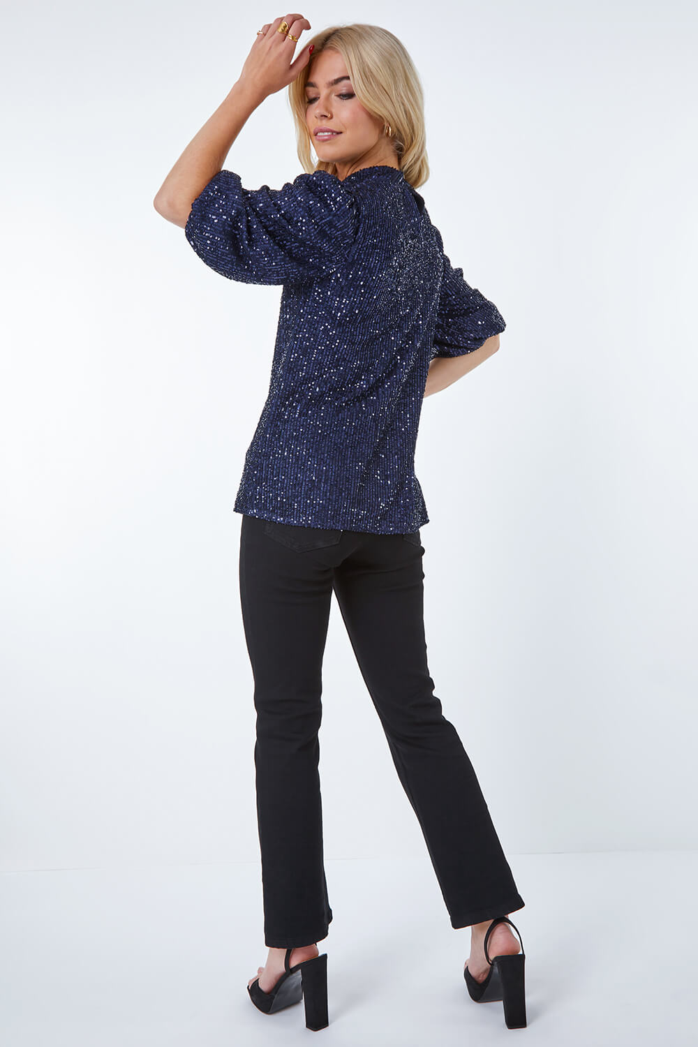 Navy  Sequin Keyhole Neck Top, Image 3 of 5
