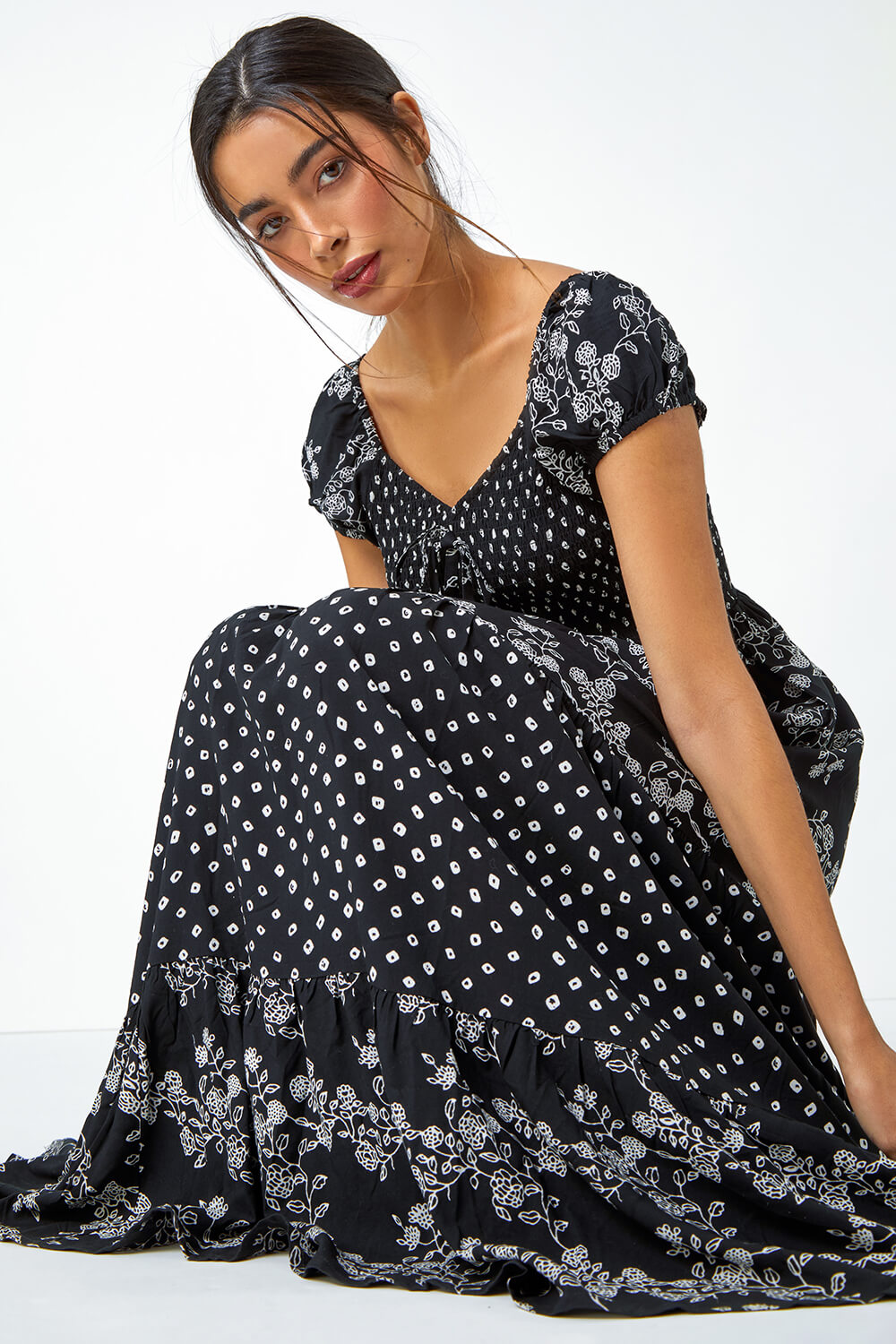 Black Abstract Tie Detail Tiered Maxi Dress, Image 5 of 5