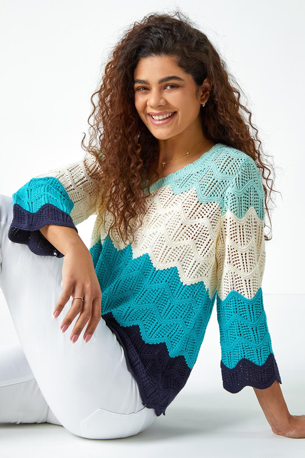 Colour Block Crochet Knit Scalloped Jumper
