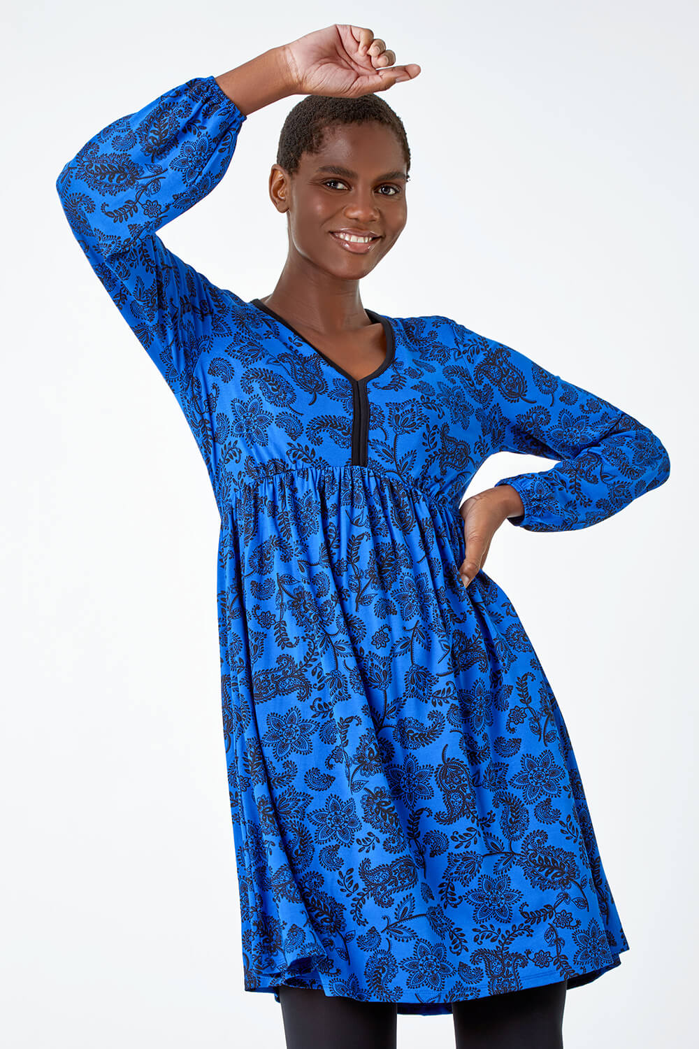 Royal Blue Floral Print Stretch Jersey Dress, Image 2 of 5