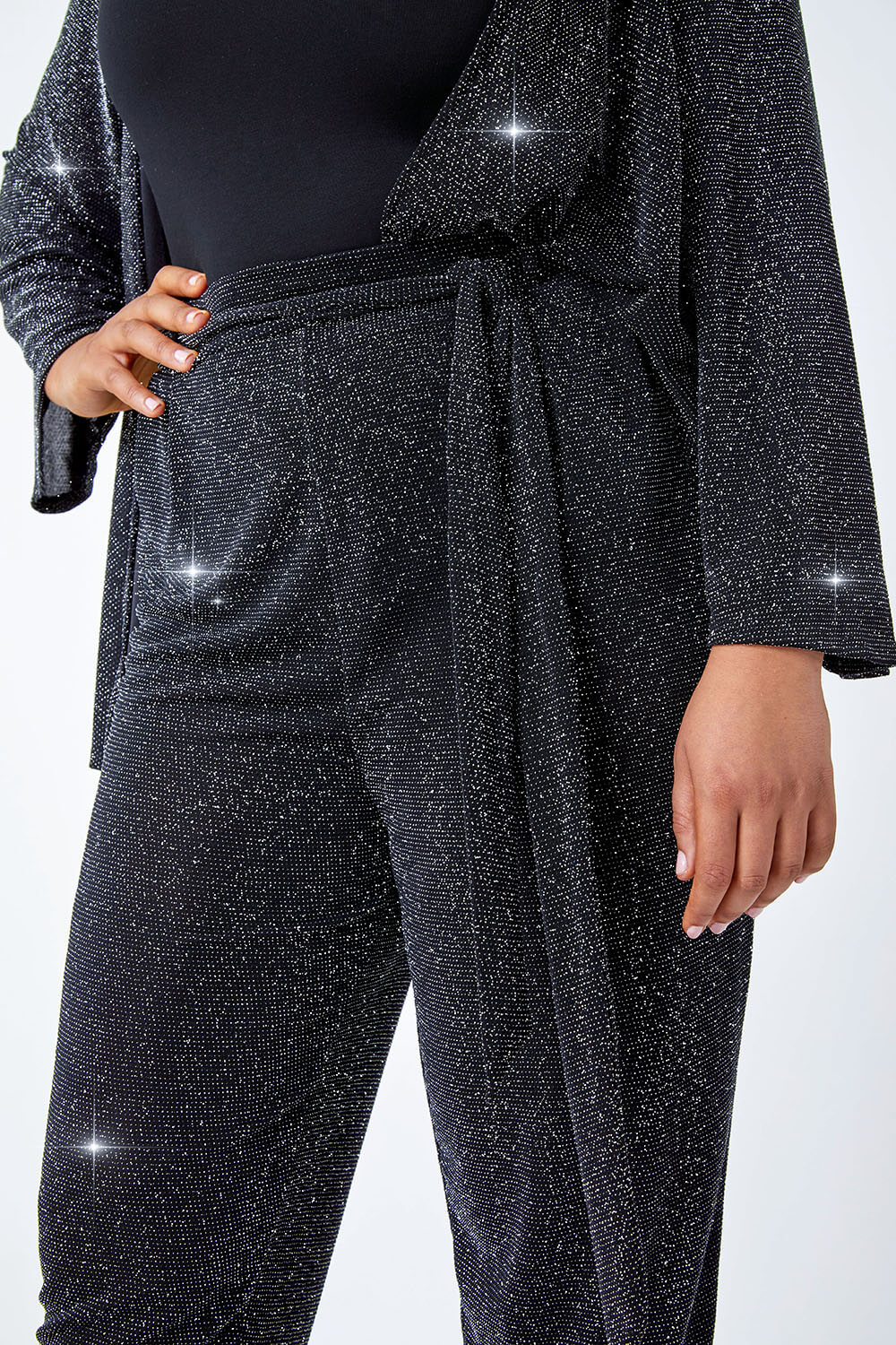 Black Curve Glitter Belted Tapered Stretch Trousers, Image 5 of 5