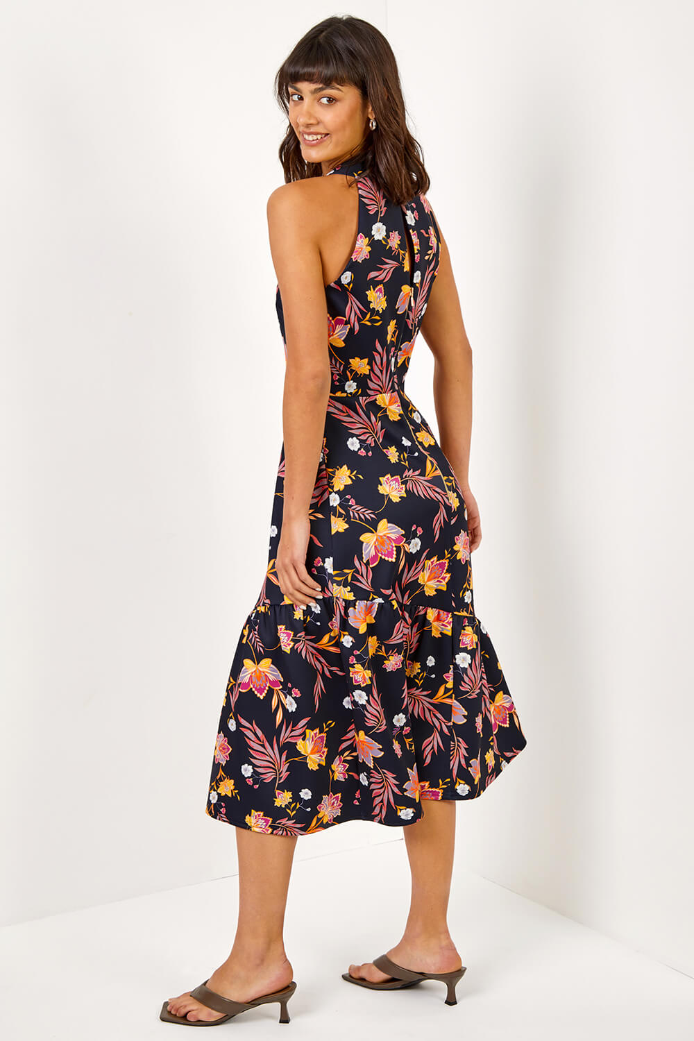 Navy  Floral Halter Neck Luxe Stretch Dress, Image 2 of 5