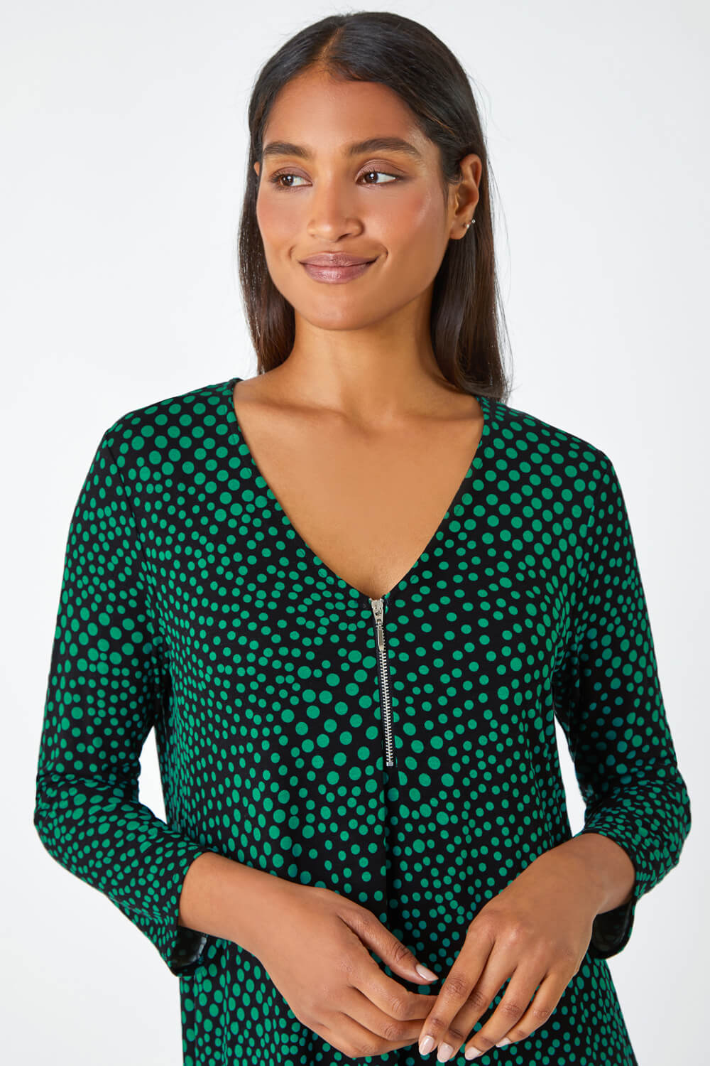Green Spot Print Zip Front Stretch Top, Image 4 of 5