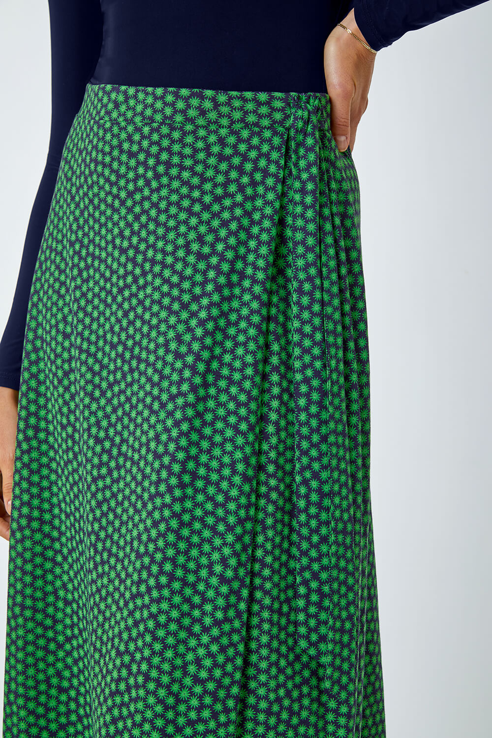 Green Cotton Blend Spot Print Midi Wrap Skirt, Image 5 of 5