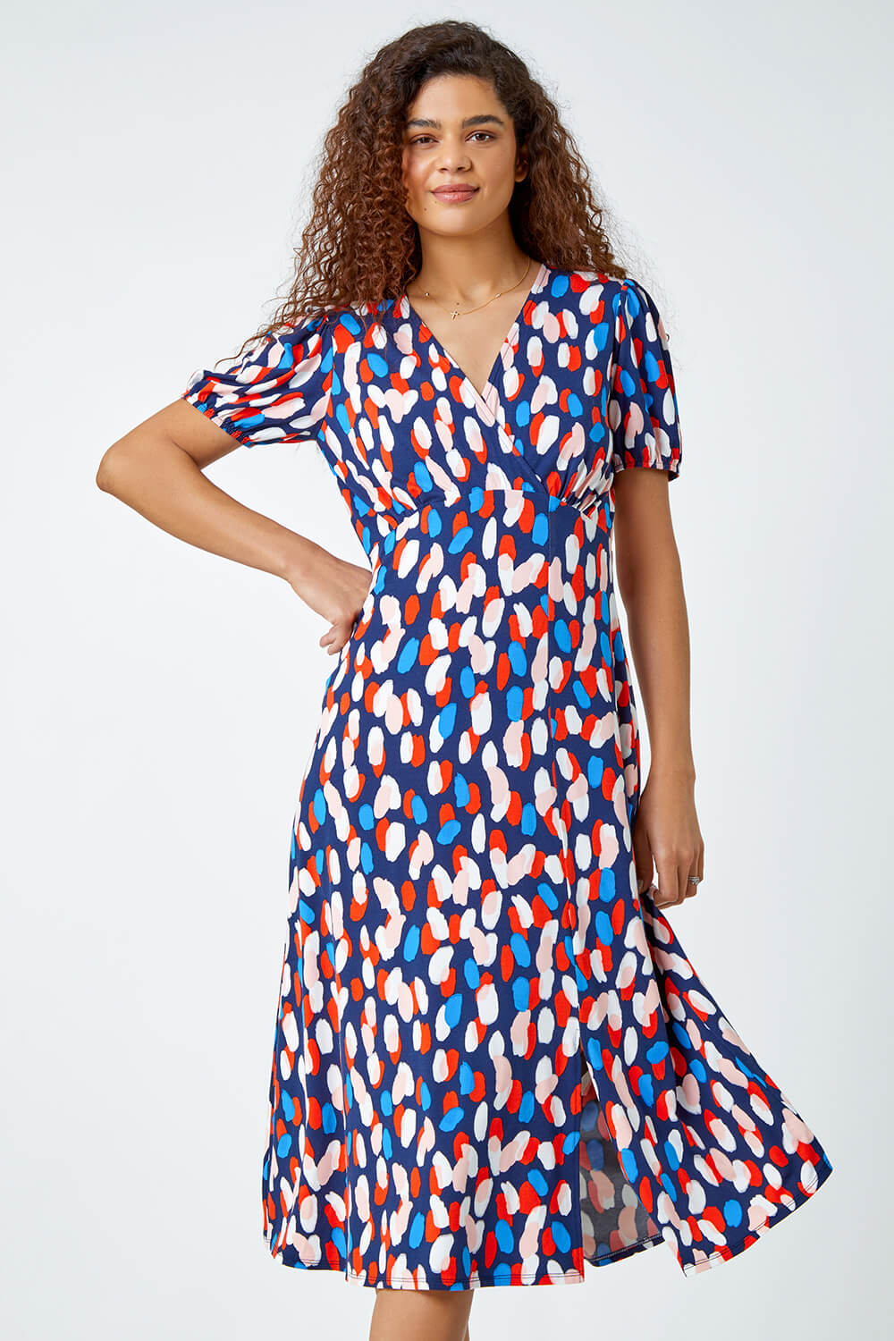 Red Abstract Spot Stretch Midi Dress, Image 4 of 5