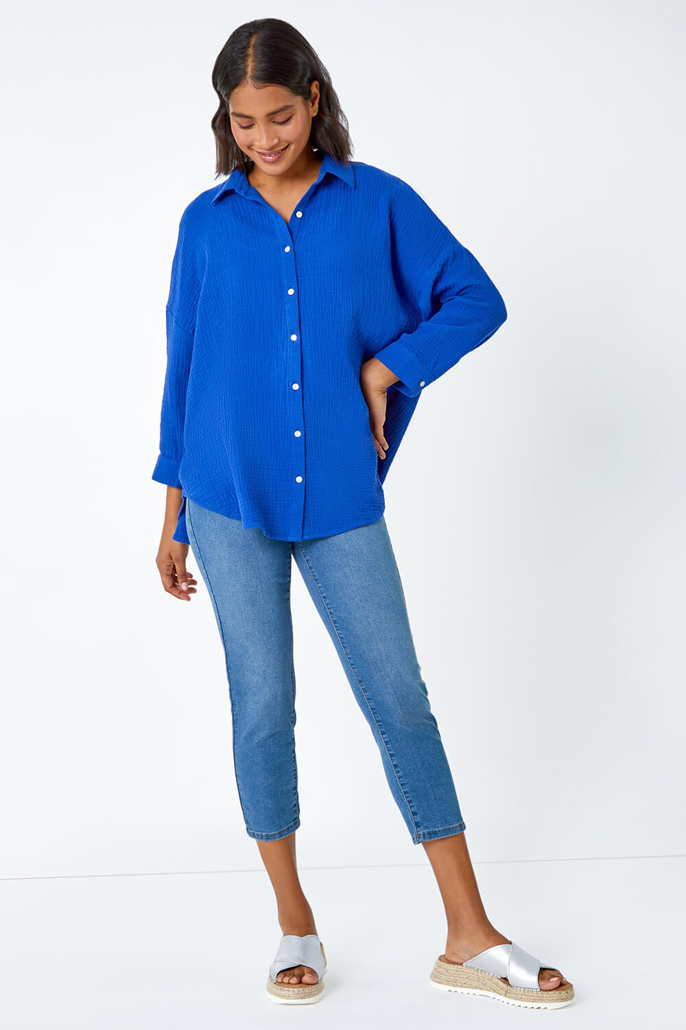 Royal Blue Cotton Textured Button Shirt, Image 2 of 5