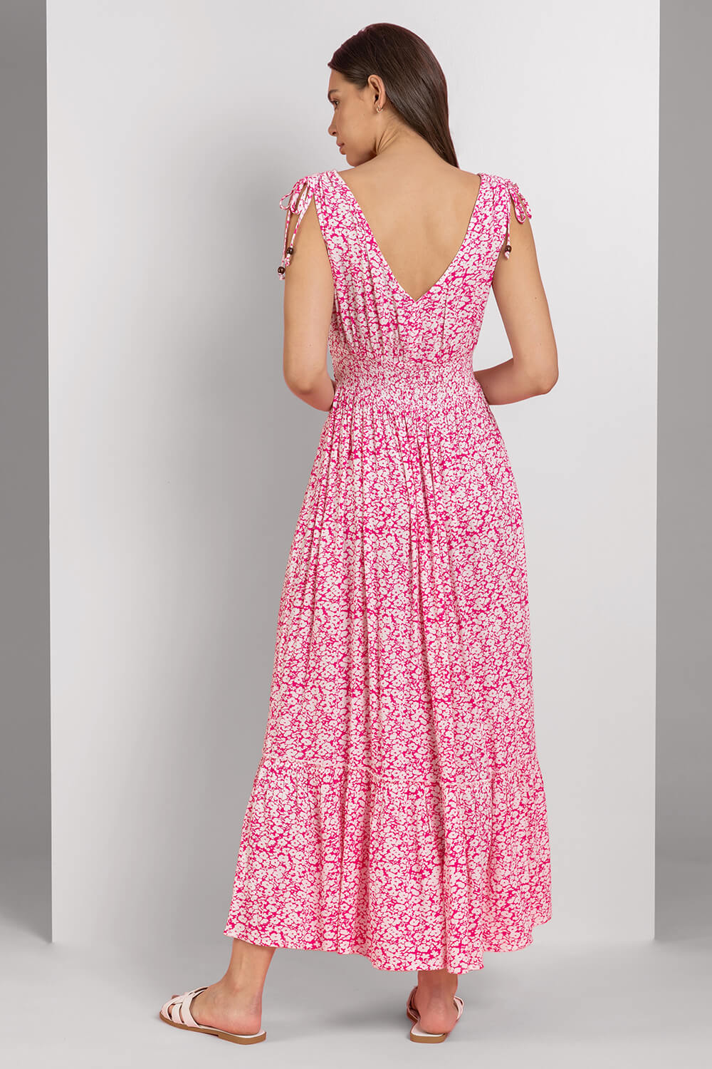 Ditsy Floral Shirred Waist Maxi Dress In Fuchsia Roman Originals Uk