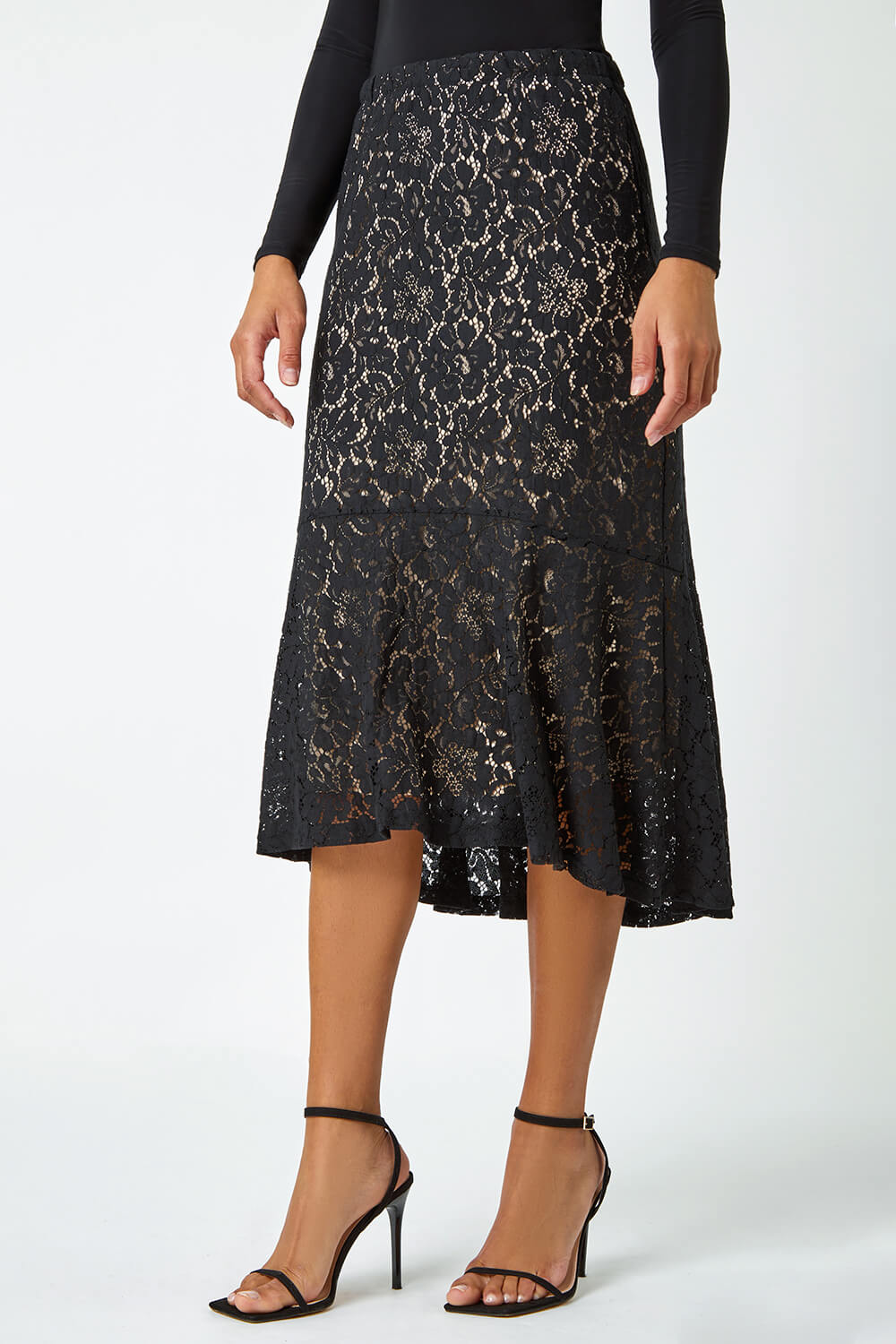 Black Cotton Blend Lace Stretch Skirt , Image 4 of 5