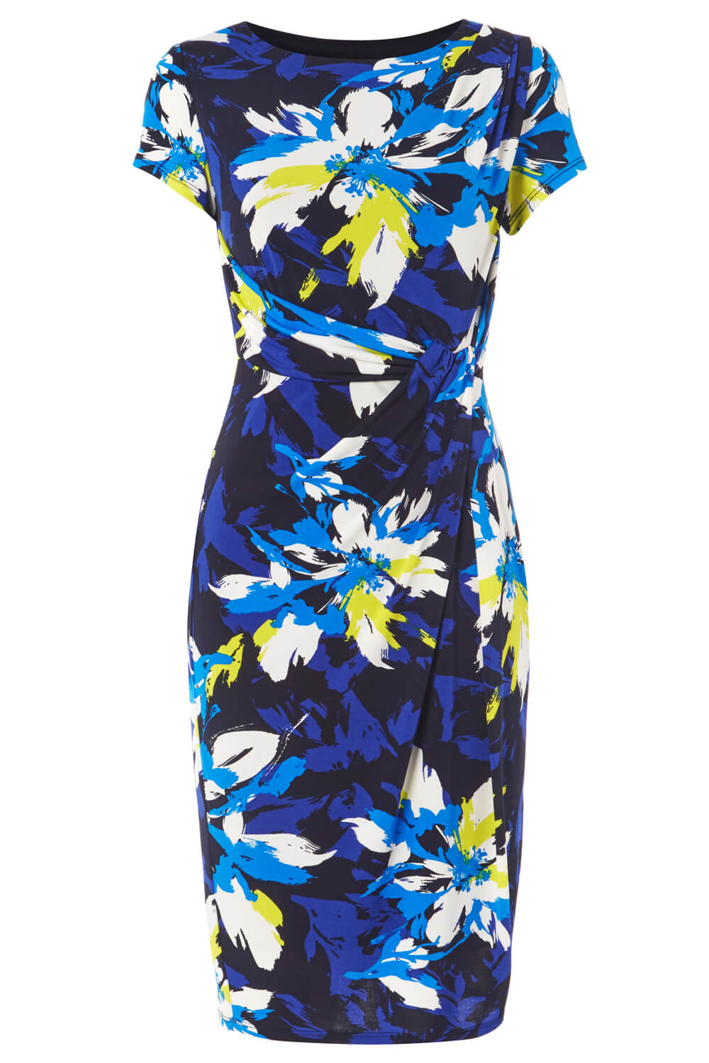 Royal Blue Floral Print Side Twist Dress, Image 5 of 5