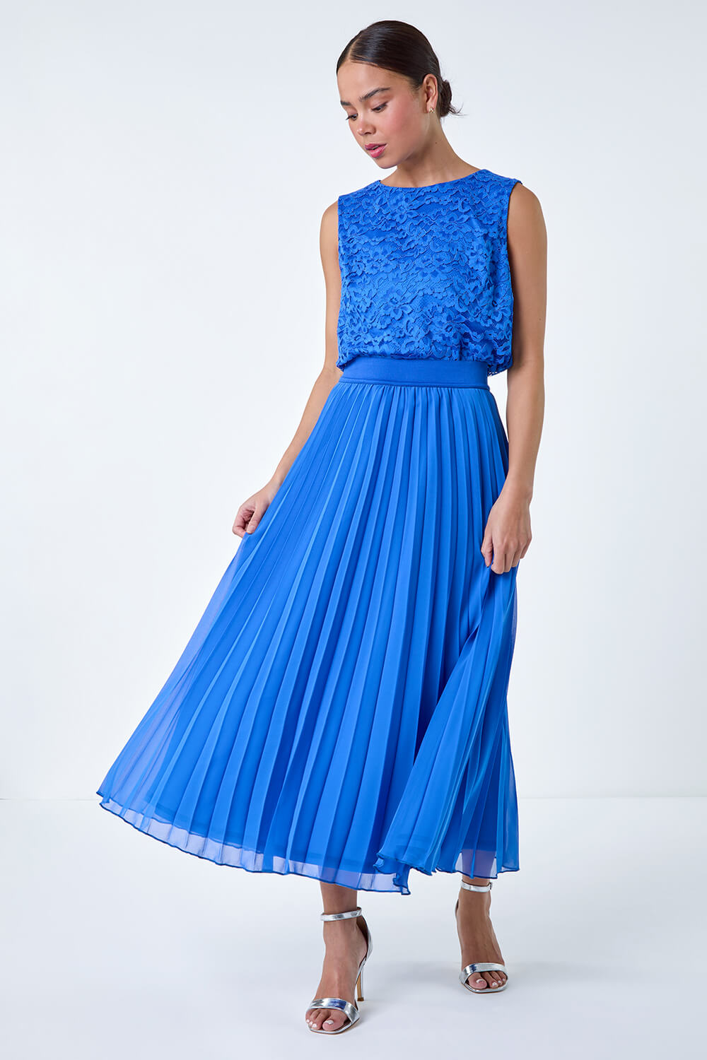 Blue Petite Pleated Premium Maxi Skirt, Image 2 of 5