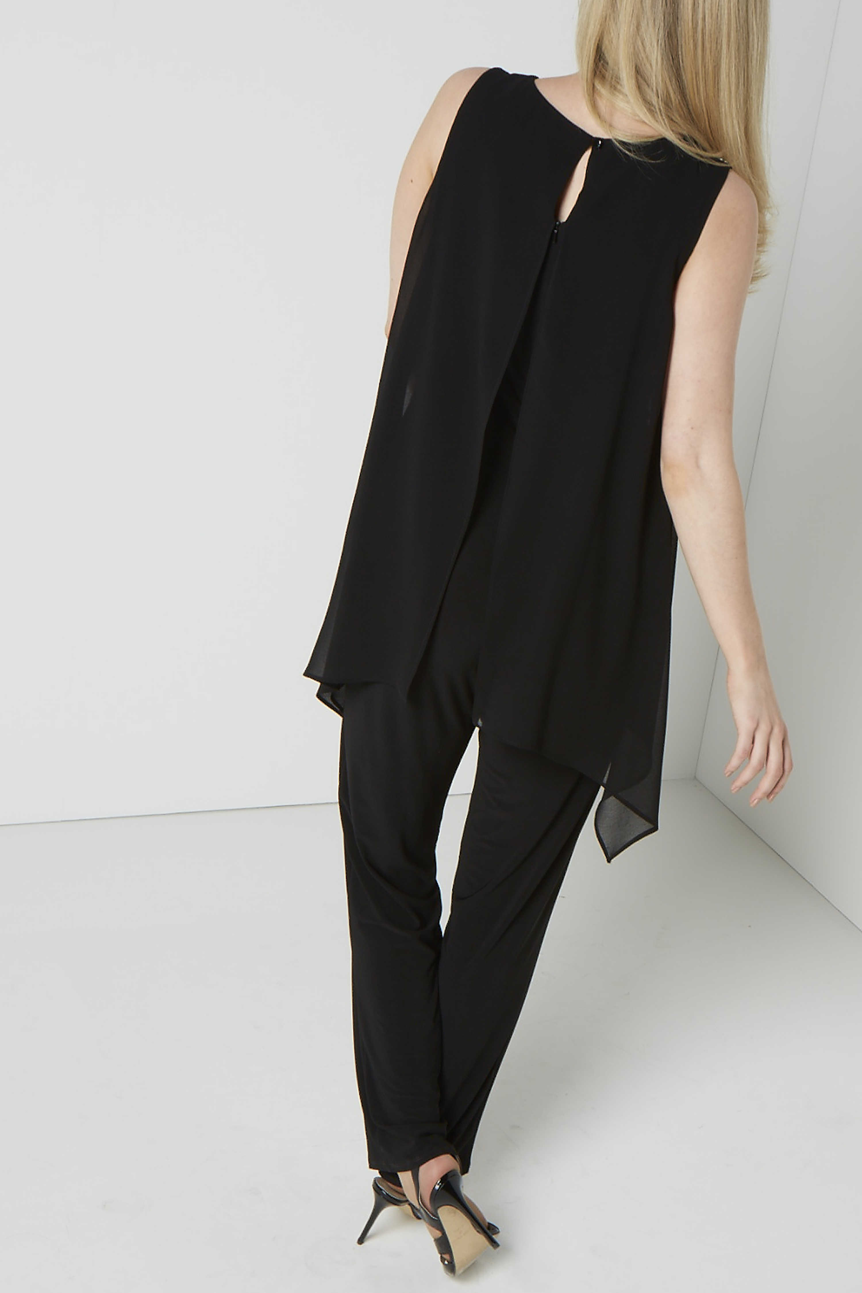 black jumpsuit with chiffon overlay