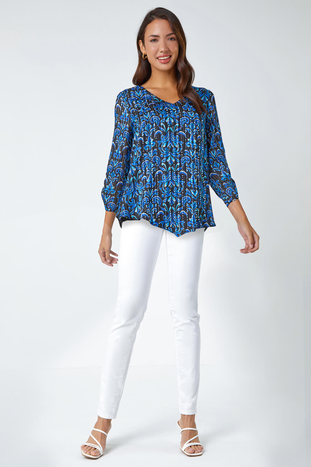 Blue Abstract Print Metallic Ruched Blouse , Image 2 of 5