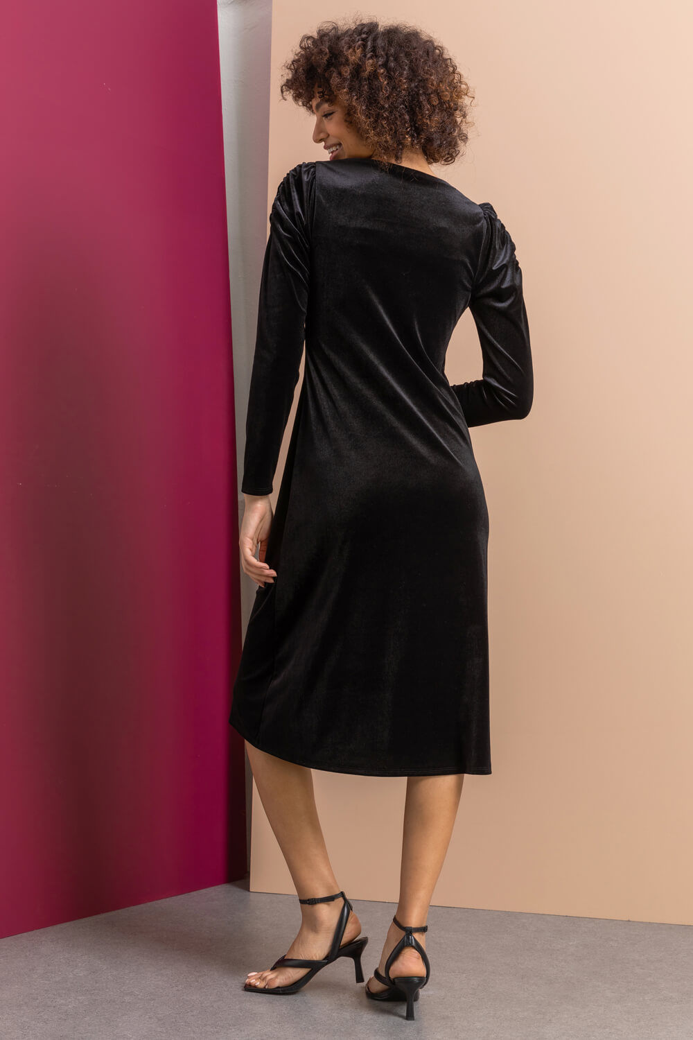 Black velvet lace trim Ruched Midi Dress, Image 2 of 4