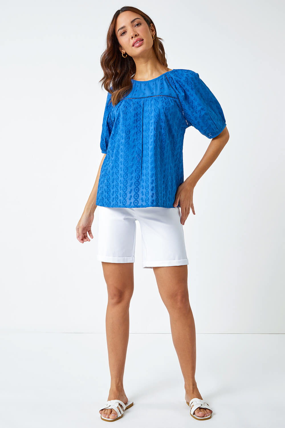 Royal Blue Broderie Puff Sleeve Cotton Top, Image 4 of 5