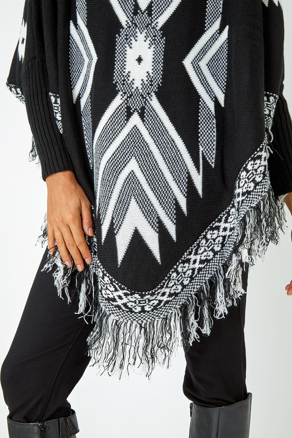 Black One Size Aztec Fringed Knitted Poncho , Image 5 of 5