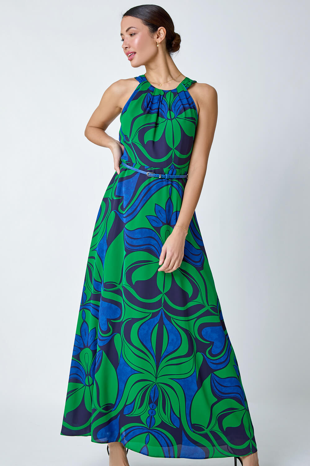 Green Abstract Print Halter Neck Maxi Dress, Image 4 of 5