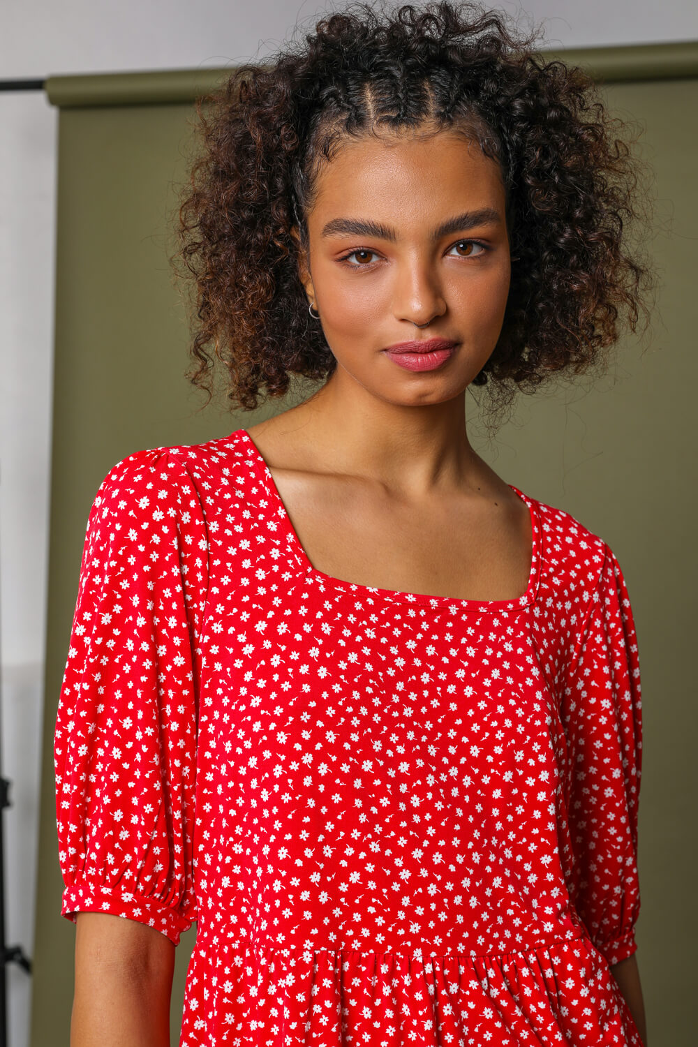 Red Ditsy Floral Peplum Jersey Top, Image 4 of 5