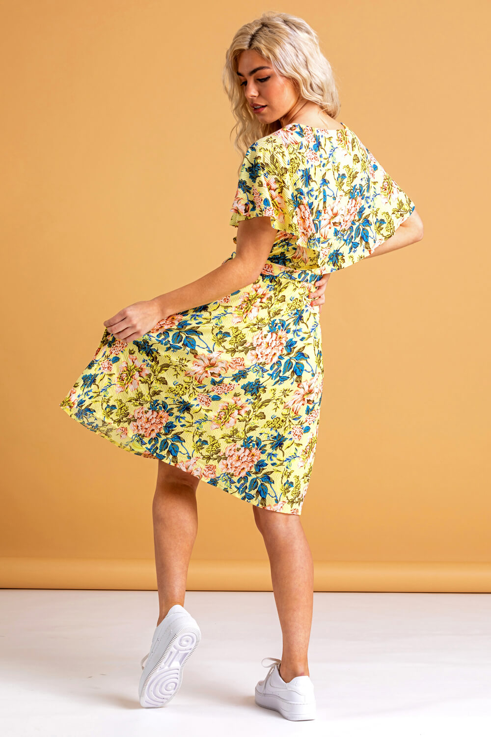 Yellow Floral Frill Sleeve Belted Dress, Image 3 of 5