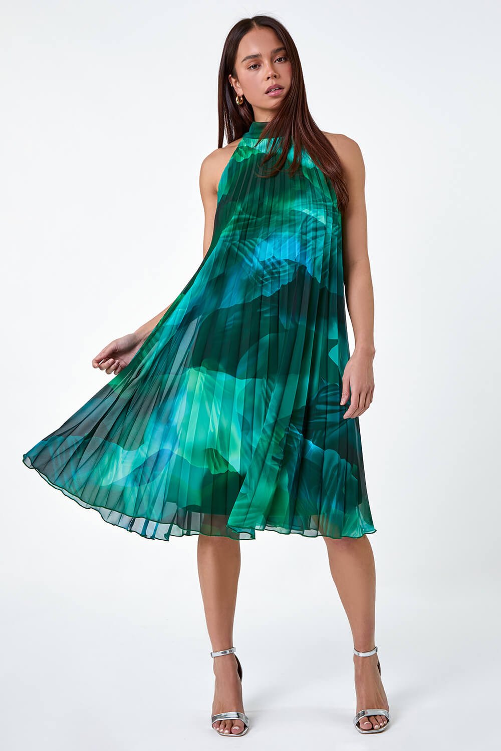 Petite Abstract Halter Neck Pleated Dress