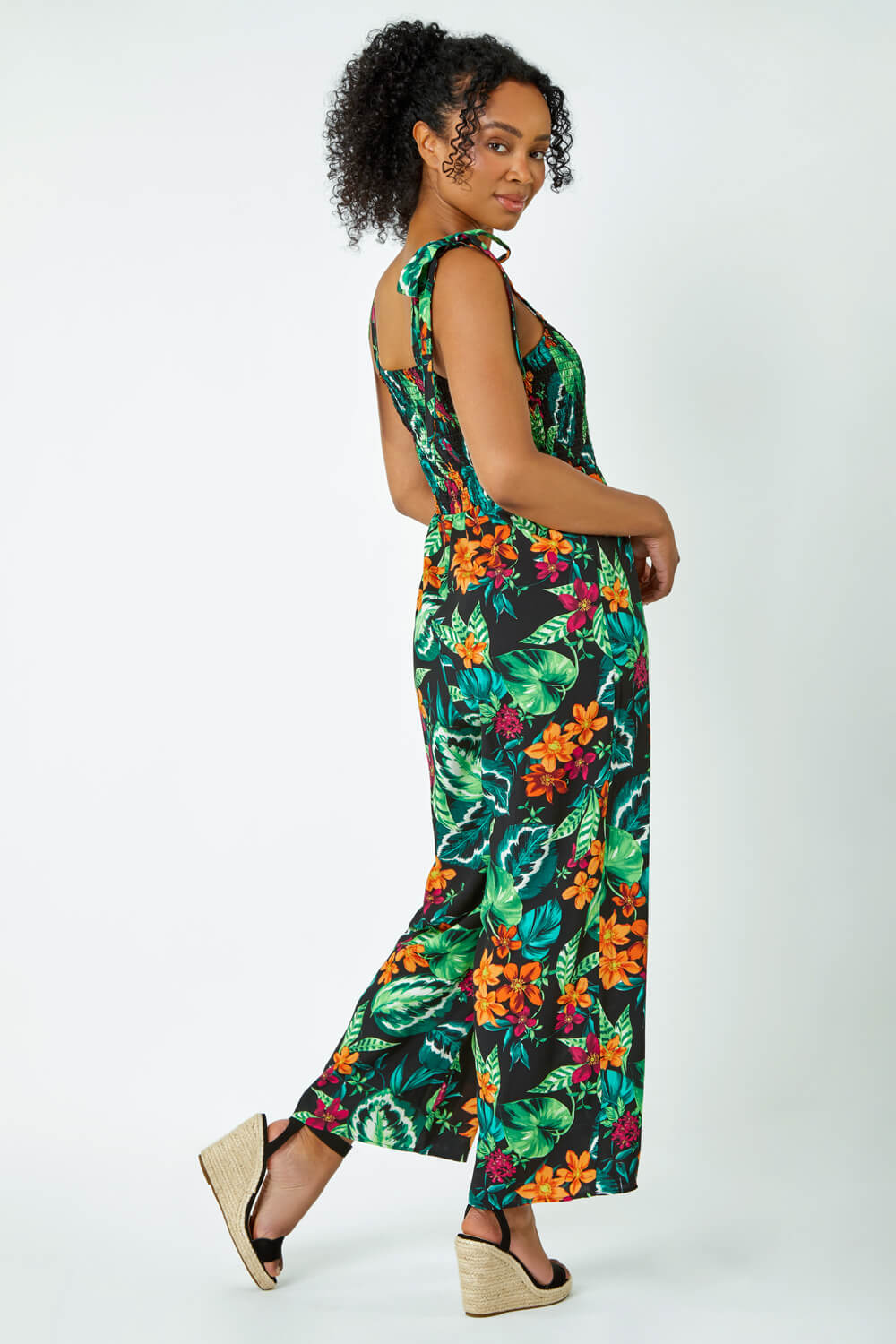 Black Petite Tropical Shirred Stretch Jumpsuit, Image 3 of 5