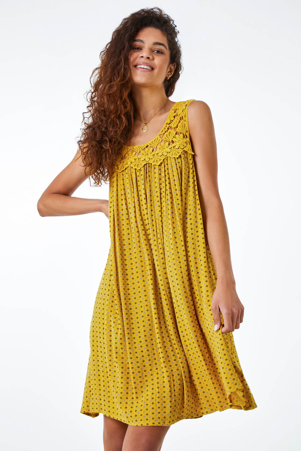 Yellow Ditsy Print Lace Yoke Swing Dress, Image 2 of 5