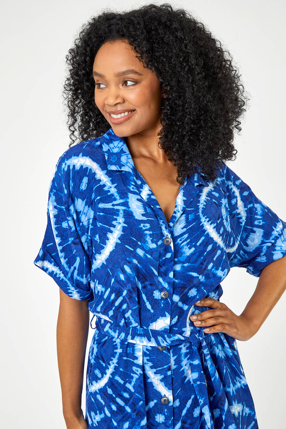 Blue Petite Tie Dye Print Shirt Dress, Image 5 of 5