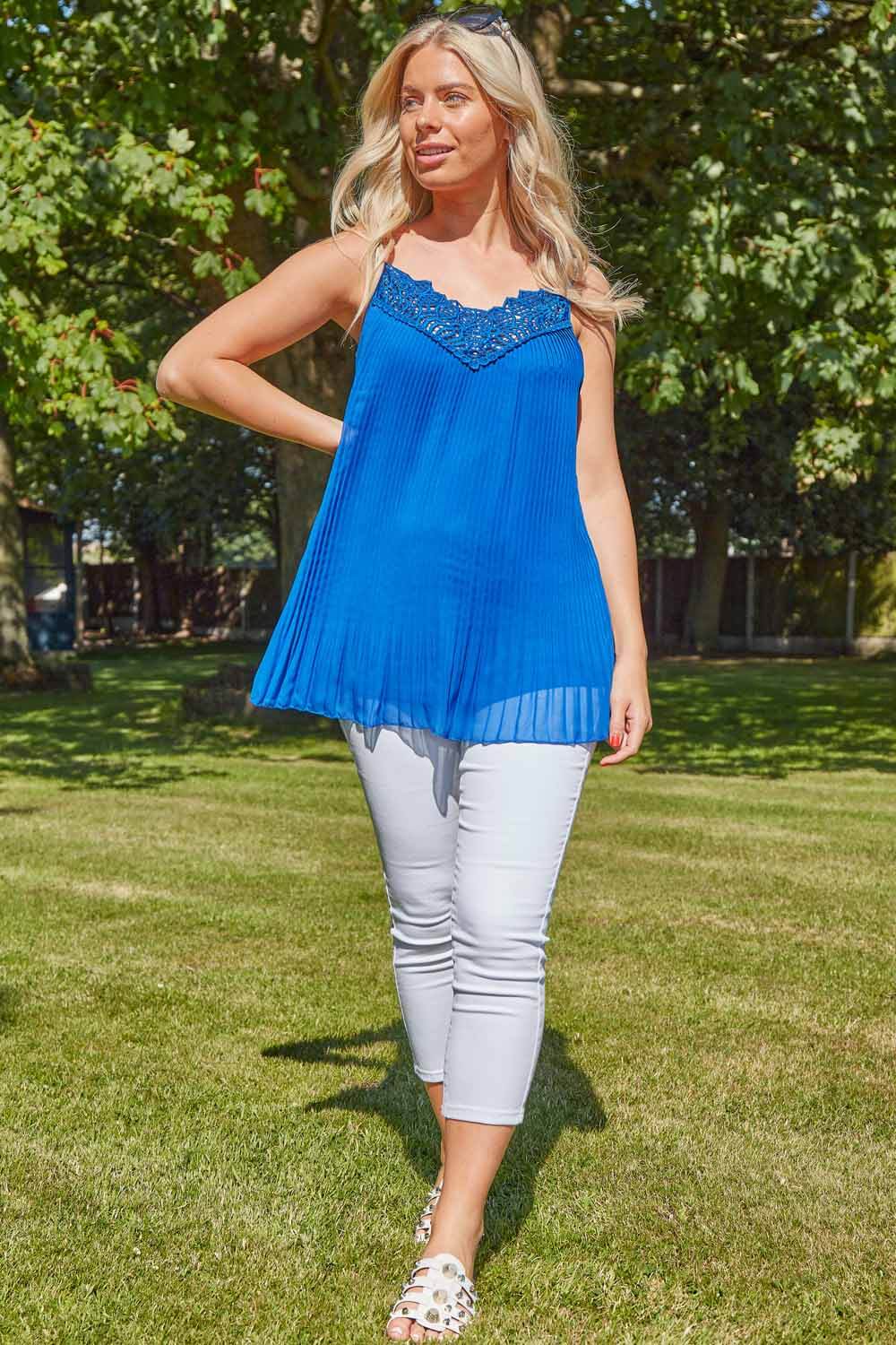 Royal Blue Pleated Lace Trim Cami Top, Image 2 of 4