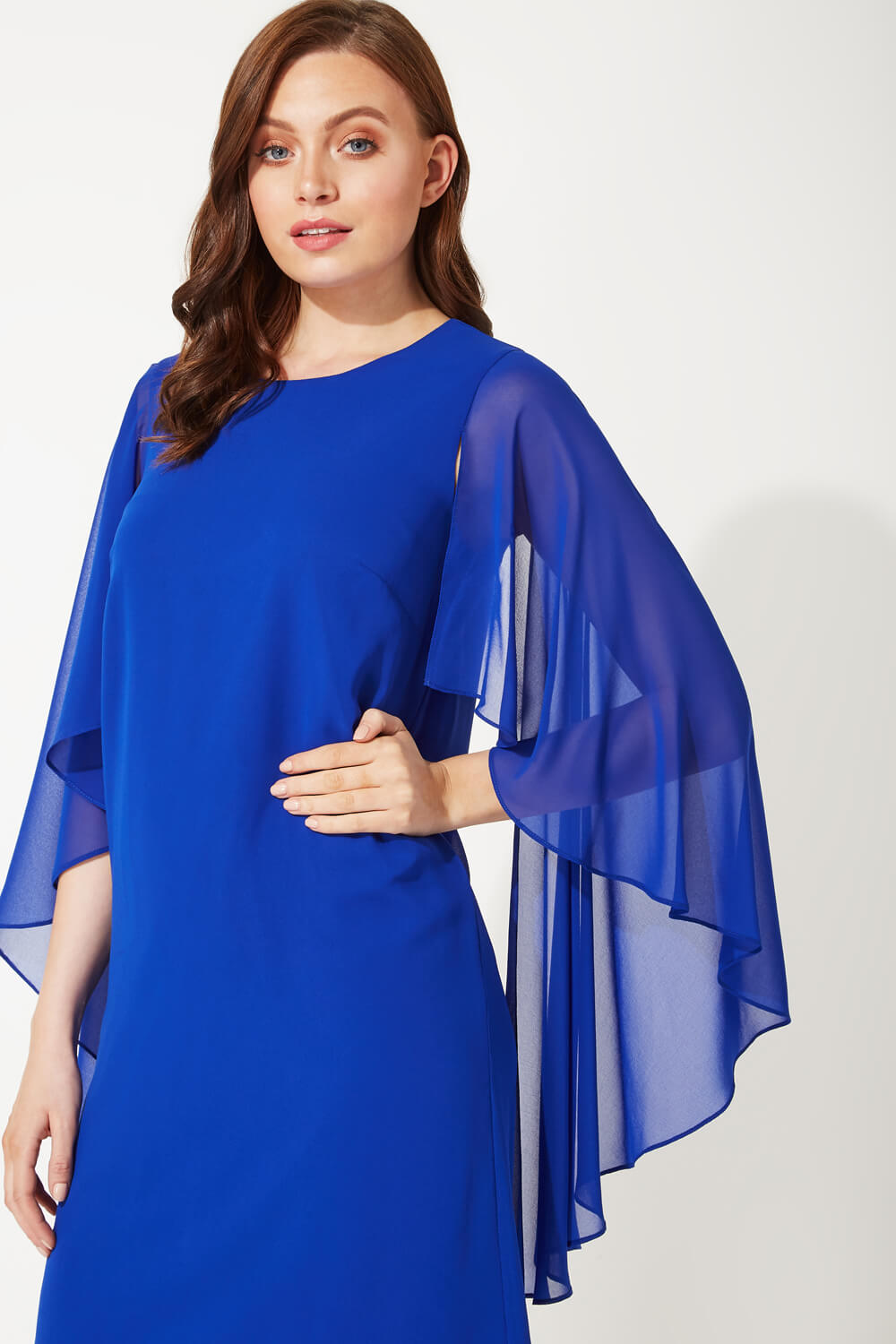 Chiffon Cape Sleeve Dress In Royal Blue Roman Originals UK