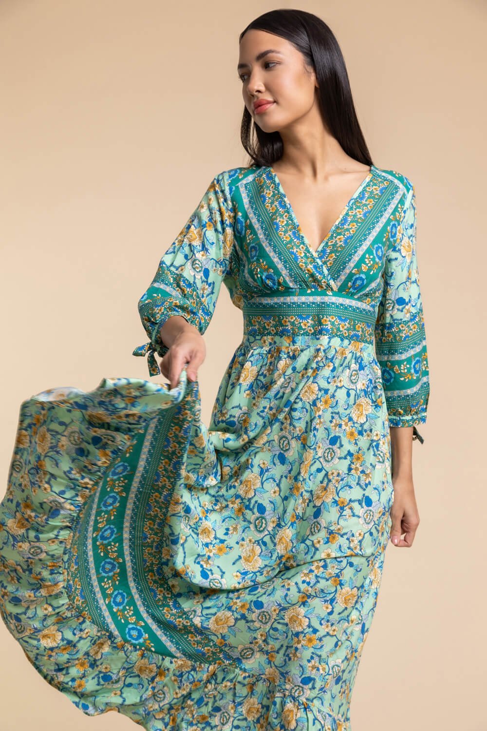 Floral Border Print Maxi Dress in Pea Green - Roman Originals UK