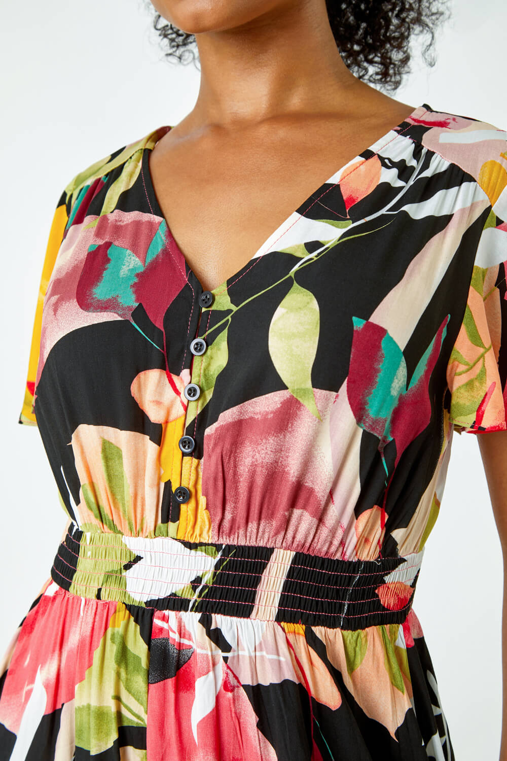 PINK Petite Tropical Button Midi Dress, Image 5 of 5