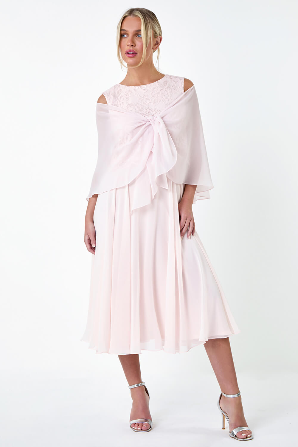 Light Pink Petite Chiffon Overlay Lace Midi Dress, Image 6 of 6