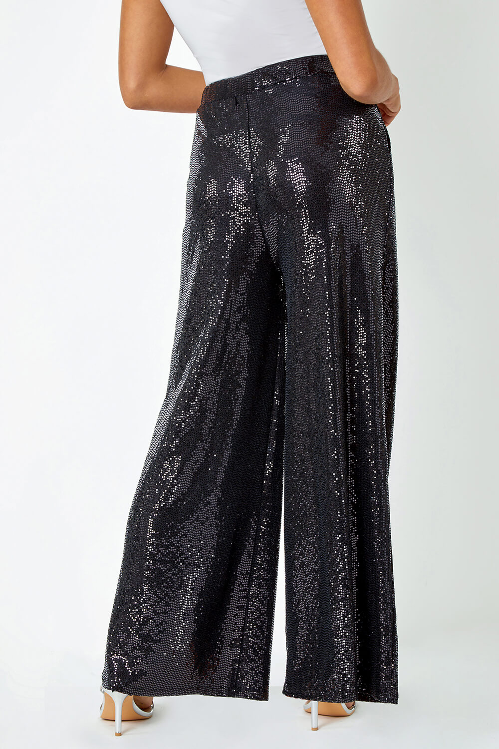 Black Wide Leg Sequin Stretch Trousers, Image 3 of 6