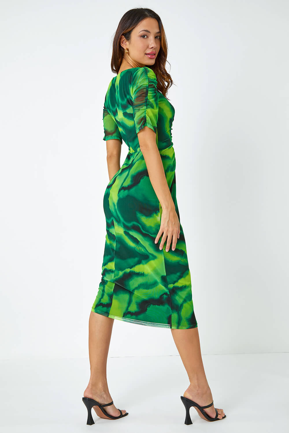 Green Marble Print Stretch Mesh Ruched Dress, Image 3 of 5