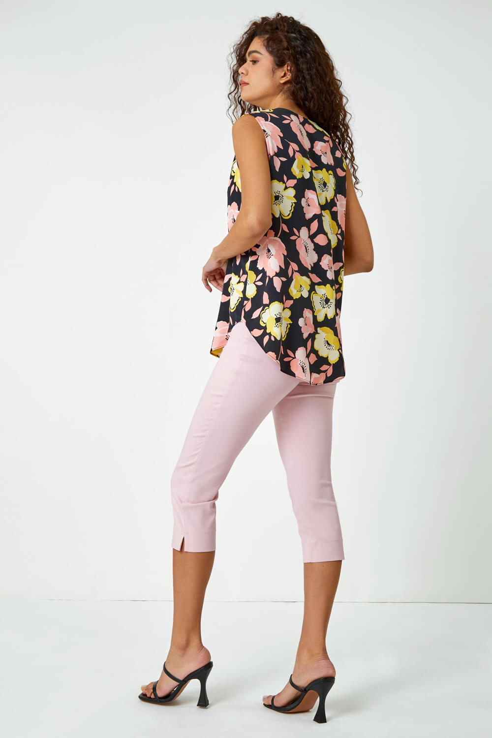 Yellow Sleeveless Floral Pleat Front Top, Image 3 of 5