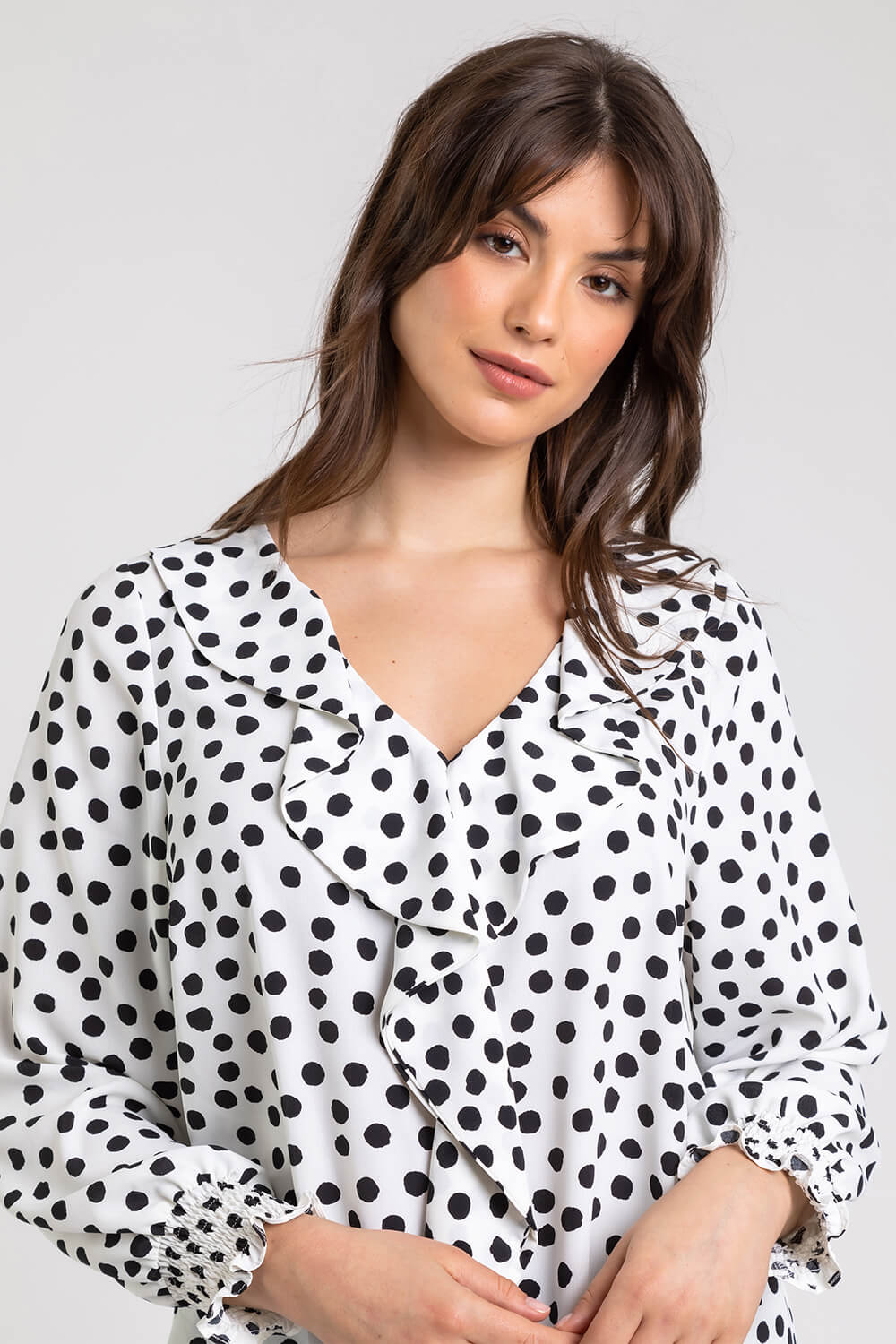 Ivory  Curve Spot Print Frill Detail Top, Image 4 of 4