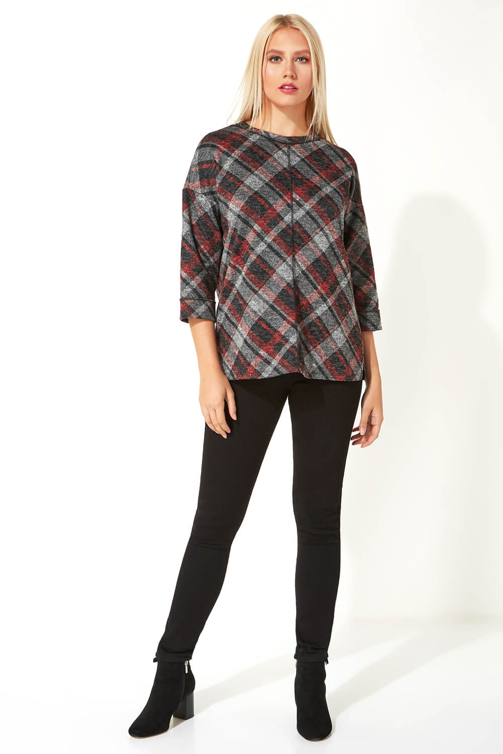 Red 3/4 Sleeve Check Print Top, Image 2 of 5